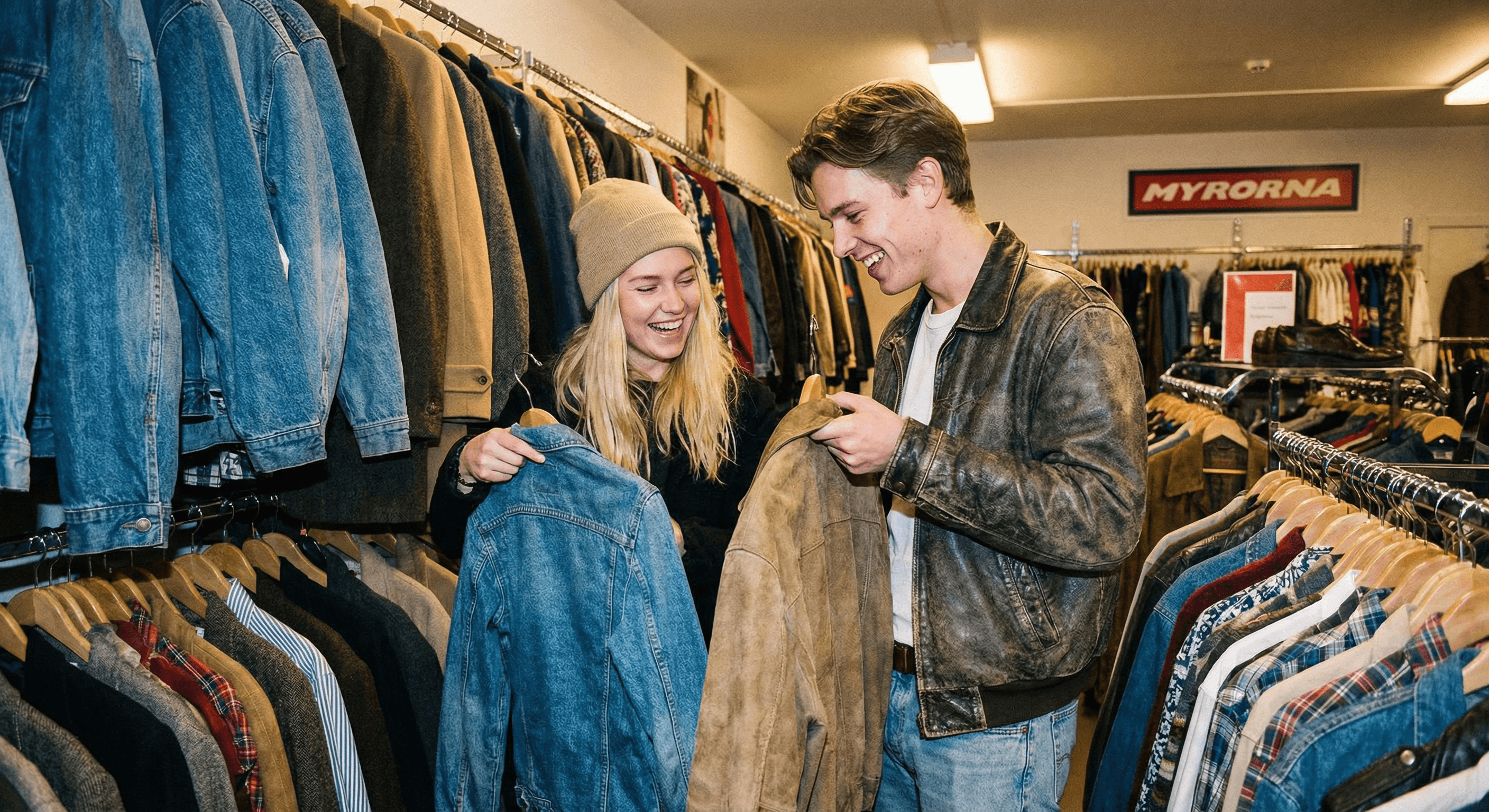 Unga vuxna som handlar second hand i butik med flash-fotografi-estetik