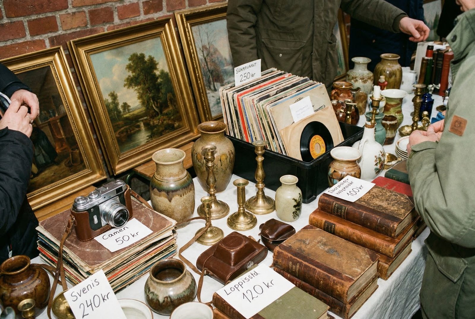 Loppisbord fyllt med vintage-föremål